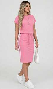Conjunto de 2 Piezas Rosa para Mujer, Top de Manga Corta con Cuello Redondo y Falda a la Rodilla con Rayas Laterales, Atuendo Casual - Product Image 4