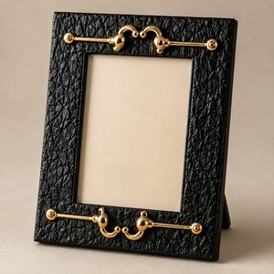 Elegant Equestrian Photo <b>Frame</b> Featuring A <b>Black</b> Leather Finish With Gold Metal Details Perfect For Luxury Home Decor Tabletop - Product Image 5