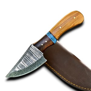 Couteau tactique EDC artisanal en acier Damas à pointe tombante, motif torsadé, pour la chasse, le camping, avec manche ergonomique en bois et étui en cuir, ODM - Product Image 1