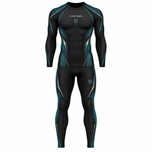 <b>Black</b> Teal Full Length Yoga Set Crew Neck <b>Long</b> <b>Sleeve</b> High Waist Spandex Breathable Quick Dry Geometric Pattern Heat-Transfer - Product Image 1