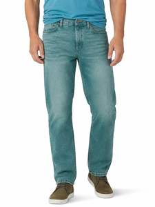 Jean en denim délavé coupe droite pour homme, taille mi-haute, coupe classique, en coton, idéal pour l'automne - Product Image 1