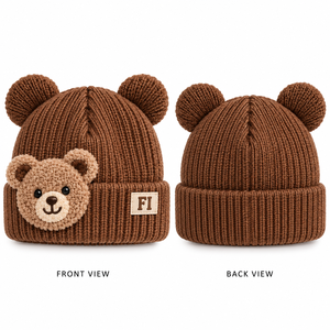 Gorro de Invierno para Bebé de Alta Calidad, Suave, con Orejas de Oso, Tejido de Punto Acanalado, Cálido, para Niños Pequeños, con Parches Personalizados, Proveedor B2B al por Mayor en EE. UU. - Product Image 3