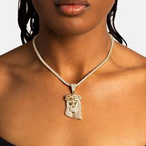 Gold Jesus Face Pendant Necklace With Moissanite Stones 24K Plated <b>Box</b> <b>Chain</b> Religious Christian Men's Jewelry - Product Image 2