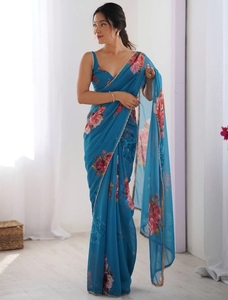 Sari de Rayón Georgette Estampado KV - Sin Arrugas, Reversible, de Secado Rápido, para Fiestas, Bodas, Diwali, Estilo Bollywood - Product Image 4