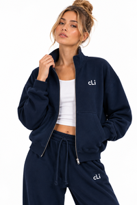 Ensemble survêtement pour femme, coupe oversize, bleu, avec veste zippée à col montant et pantalon de survêtement à jambe large, en molleton de coton épais, style streetwear, avec logo personnalisé - Product Image 6