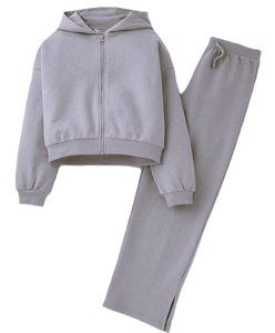 Ensemble de survêtement gris à capuche pour femme, manches longues, couleur unie, décontracté, respirant, coupe ample, avec fermeture éclair sur le devant, idéal pour l'automne - Product Image 1