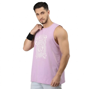 Men's Lavender Sleeveless Tank <b>Top</b> O-Neck <b>Skull</b> Print Casual Wear Knitted Fabric Breathable - Product Image 3