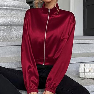 <b>Womens</b> Winter Sheep Skin Satin Bomber <b>Jacket</b> Custom Wholesale Long Sleeve Single Button Outerwear Custom Colors Sizes for - Product Image 5