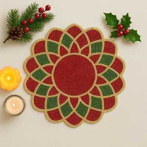 Handmade <b>Beaded</b> Christmas <b>Placemat</b>, Red, Green, and Gold Decor - Product Image 3