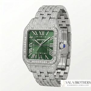 Reloj de Diamantes para Mujer Cartier Santos-Dumont, Esfera Verde, Caja Rectangular de Acero Inoxidable de 30 mm, Cierre Desplegable de Cuarzo Analógico - Product Image 1