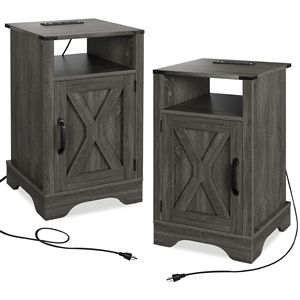 Farmhouse-Style Rustic Wooden Nightstand <b>Tall</b> Bedside <b>Table</b> with Electrical Outlets and Charging Station 2 Sets - Product Image 2