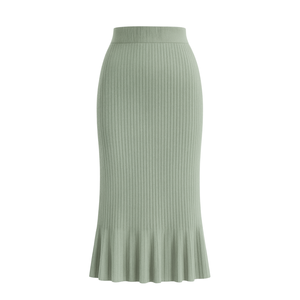 Jupe midi en laine côtelée pour femme, taille haute, coupe trapèze, ajustée, décontractée, en tissu extensible, design minimaliste et élégant - Product Image 1