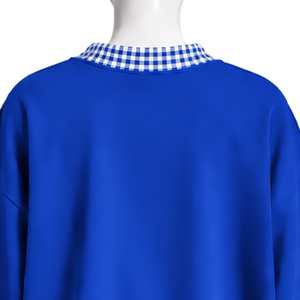 Sweat-shirt à col rond bleu roi pour homme, coupe ample, avec col et ourlet à carreaux, manches longues, motif graphique, pull décontracté, haut tendance - Product Image 4