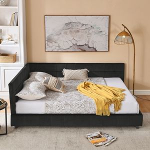 Queen Size Tufted <b>Bed</b> Frame with Comfortable <b>Backrest</b> Armrests Upholstered Sofa <b>Bed</b> <b>for</b> Bedroom Living Room - Product Image 2