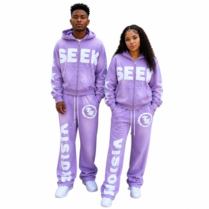 Conjunto de Sudadera con Capucha y Pantalones Deportivos de Felpa Morada Personalizados para Hombre y Mujer, Estilo Urbano Holgado, Fabricación OEM de Marca Privada - Product Image 1