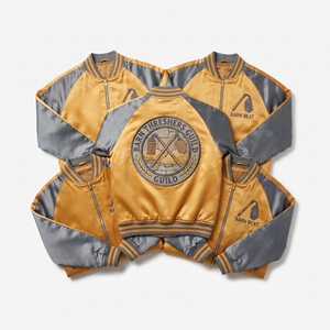 Factory Direct Gold <b>Grey</b> Satin Varsity Jacket Zip Up Custom Embroidered Barn Threshers Guild Baseball <b>Coat</b> - Product Image 1