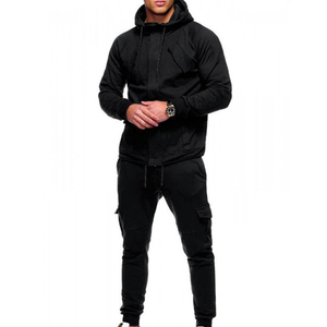 Ensemble de survêtement noir pour homme, sweat-shirt à capuche à manches longues, poches latérales, vêtements décontractés, respirant, coupe régulière, couleur unie, hiver, 2 en 1 - Product Image 4