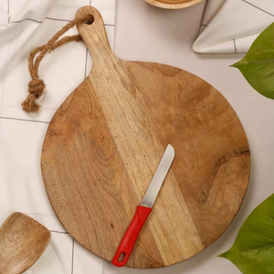 Planche à découper en bois d'acacia, style ronde, épaisse, durable, sûre pour les couteaux, idéale pour couper, servir et décorer la cuisine de manière rustique - Product Image 1