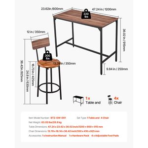 Set di 5 Pezzi: Tavolo Rettangolare da Pub 47 Pollici e Quattro Sgabelli con Design a Bordi Arrotondati, Set di Arredamento per Bar - Product Image 3