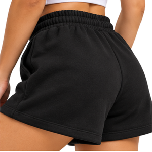 Shorts en coton tricoté pour femme noire, taille haute, avec cordon de serrage, coupe décontractée, logo brodé sur la jambe droite - Product Image 4