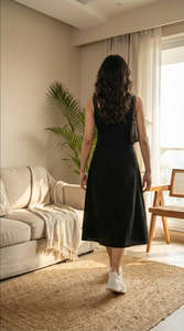 Vestido Midi Negro de Lino con Cuello Cuadrado y Botones al Frente, Ajustado, Casual, para Uso Diario de Verano, Sin Mangas, Color Sólido, Tejido - Product Image 4