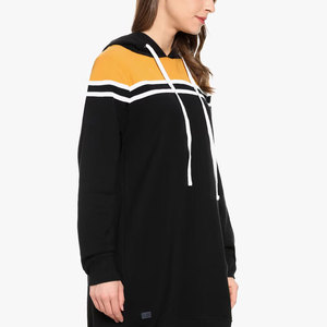 Robe sweat-shirt à capuche pour femmes, à manches longues, avec cordon de serrage et poches, tenue décontractée d'automne, noir et moutarde - Product Image 4