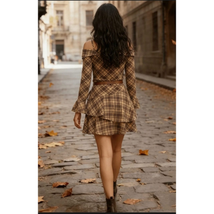 Women’s Vintage Plaid Off-Shoulder Ruffle Mini Dress with Belt – Long Sleeve Layered Skirt Street Style Dress - Product Image 5