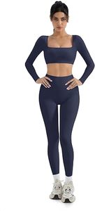 Women Seamless Yoga Set Square Neck Long <b>Sleeve</b> <b>Crop</b> <b>Top</b> High Waist Leggings Solid Color Breathable Activewear 2 Piece Set - Product Image 4