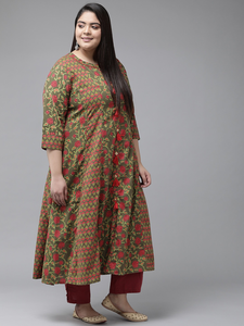 Kurti en coton vert coupe A avec col rond et manches trois quarts pour femmes grandes tailles, vêtements décontractés à la mode - Product Image 1
