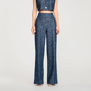 High Waist Straight Leg <b>Wool</b> Nylon Trousers Smart Casual Autumn Woven Midweight Elastic Waist Flat Front Blue - Product Image 4
