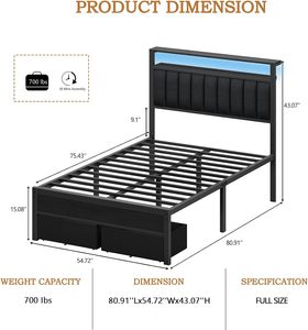 Cadre de lit en métal noir pleine taille fabriqué au Vietnam, mobilier de chambre moderne et intelligent, design pliable, fabricant OEM/ODM - Product Image 1
