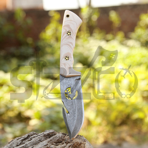 Cuchillo de caza OEM personalizado de acero de Damasco Wirecut, cuchillo Skinner con gancho para deshuesar, hoja fija, para camping, actividades al aire libre, EDC, con funda de cuero - Product Image 3