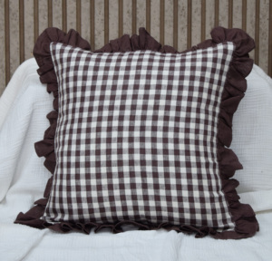 Brown 100% Pure Linen Gingham Cushion <b>Cover</b> Square <b>Throw</b> Pillow <b>Cover</b> with Ruffle Edge Decorative <b>Sofa</b> Cushion <b>Cover</b> Wholesale - Product Image 5