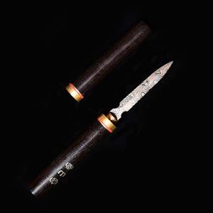 Cuchillo de té tradicional de madera con hoja de acero damasco y mango con anillo dorado - Product Image 1