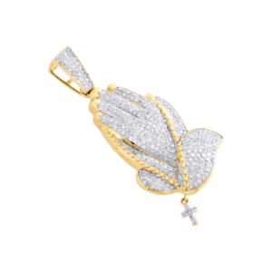 Colgante de Oro Amarillo Sólido de 10K para Hombre con Diamantes Naturales, Diseño de Manos en Oración y Cruz de Rosario, 1.70 Pulgadas, 0.87 CT, Joyería Cristiana Hip-Hop - Product Image 2