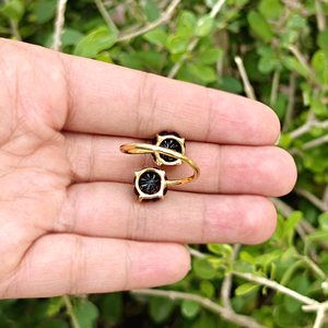 Women elegant jewelry black onyx with white cz <b>adjustable</b> <b>ring</b> solid brass 18k gold plated hand carved flower double stone <b>rings</b> - Product Image 6