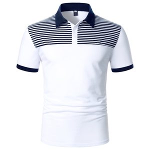 Polo à manches courtes en tricot rayé blanc et bleu pour homme, style décontracté, respirant, coupe classique, faible MOQ, polos pour homme - Product Image 1