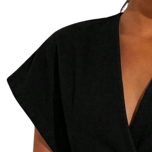 Womens <b>Black</b> Denim Washed 100% Cotton <b>Wrap</b> Style Short Sleeve V Neck Casual Blouse Elegant Office Summer Fashion Daily Wear Top - Product Image 3