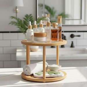 Organisateur de cosmétiques rond en bois Lazy Susan avec support, design classique, finition craquelée, durable, fait main, pour rangement de salle de bain - Product Image 4