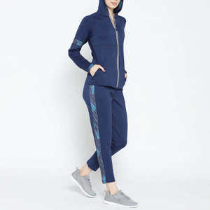 Women's Navy Blue Hooded Tracksuit Set Full Sleeve Zipper Sporty <b>Ankle</b>-Length Pants Side Pockets Breathable Polyester Spandex - Product Image 1