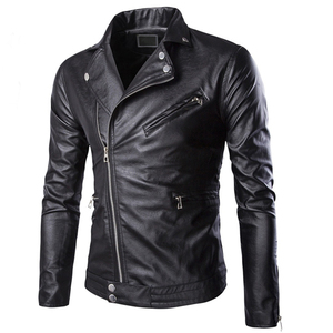 Men's Genuine <b>Leather</b> Waterproof Breathable Eco-Friendly Moto <b>Jacket</b> Stand Collar Zipper Closure Slim Fit Regular-Length Sleeves - Product Image 1