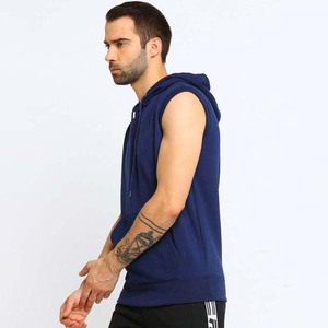 Sudadera con Capucha sin Mangas para Hombre, Color Sólido, Algodón, Estilo Casual con Bolsillo, Corte Regular, Azul Marino - Product Image 2