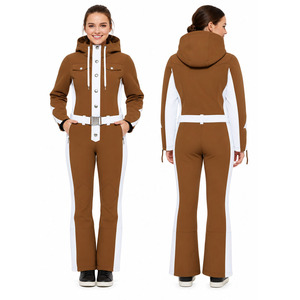 Custom <b>Women</b> One Piece Ski Suit Hooded Snow Jumpsuit Winter Ski <b>Overall</b> with Belt Flared Ski Pants Windproof Warm - Product Image 3