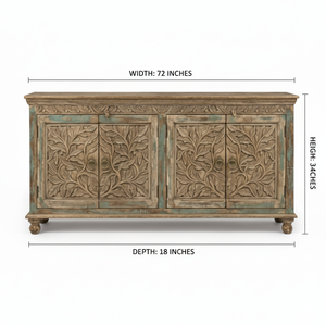 Aparador de Madera Maciza de Alta Calidad con 4 Puertas y Tallado Floral, con Acabado Envejecido para Comedor, Disponible para la Venta - Product Image 3