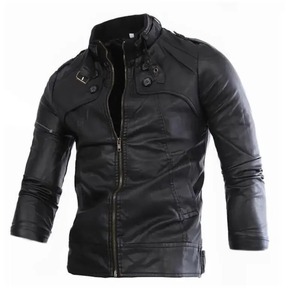 Blouson moto en cuir PU noir pour homme, à capuche, fermeture éclair, coupe ajustée, longueur standard, style hiver, décoration vintage, décontracté - Product Image 6