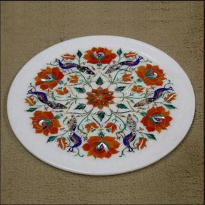 Assiette décorative en marbre Royal Peacock avec incrustations |   Art mural en marbre blanc poli fait main avec motif floral pour décoration de mariage, cadeau - Product Image 2