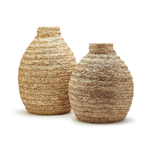 Grand vase en rotin côtelé sur pied avec poignées latérales, idéal pour la pampa, disponible à prix de gros. - Product Image 5