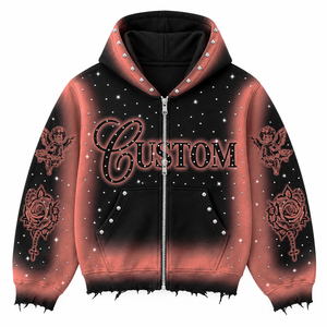 Sweat à capuche zippé personnalisé Y2K avec strass pour homme, coupe ample et épaisse, effet vieilli, motif graphique vintage pulvérisé à l'aérographe, en coton, style streetwear - Product Image 1