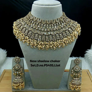 Luxury Vintage Copper Gold Plated Pearl Kundan Choker Necklace <b>Set</b> Earrings Maang Tikka Women's Third Party Certified Engagement - Product Image 1