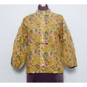 Chemisier en coton imprimé floral décontracté style doux, manches courtes bouffantes, col rond, écologique, séchage rapide, boutonné, pour femme - Product Image 1